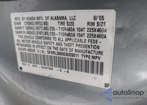 2006 Honda Odyssey Touring z USA, uszkodzony, nr VIN 5FNRL38896B009011